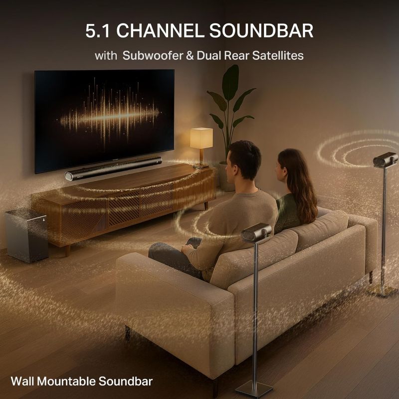 5.1 Channel Soundbar with Subwoofer and Dual Rear Satellites