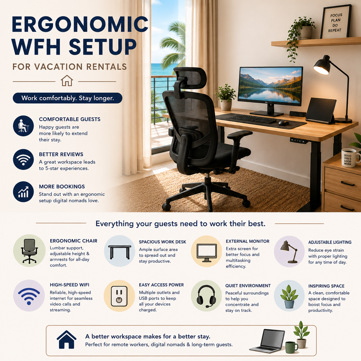 Work From Paradise: Creating the Ultimate Ergonomic WFH Setup in Your Vacation Rental